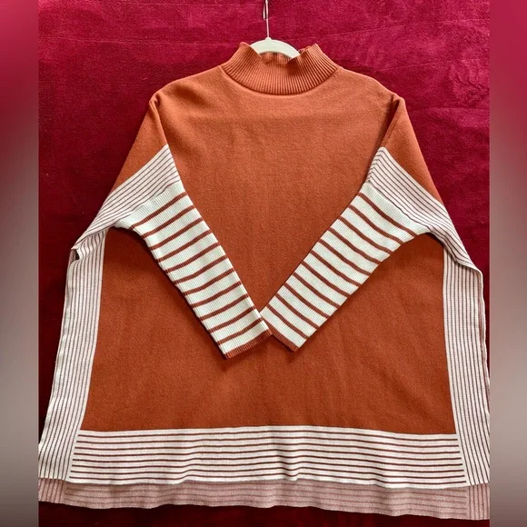 Chicwish Mock Neck Poncho Sweater Pullover Burnt Orange Striped Size S / M - Picture 7 of 13